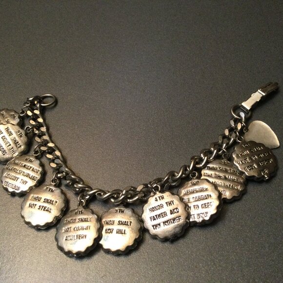 Ten Commandments & Lords Prayer Bracelet 6.5" Silver-tone Metal 2.5 oz Vintage - Picture 11 of 11